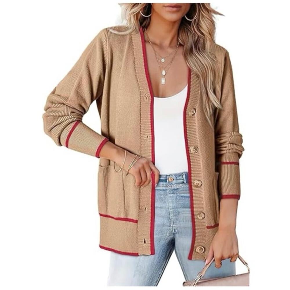 Preppy Academia Tan Cardigan Red Contrast Trim Button Front Cozy Knit 2XL NWT